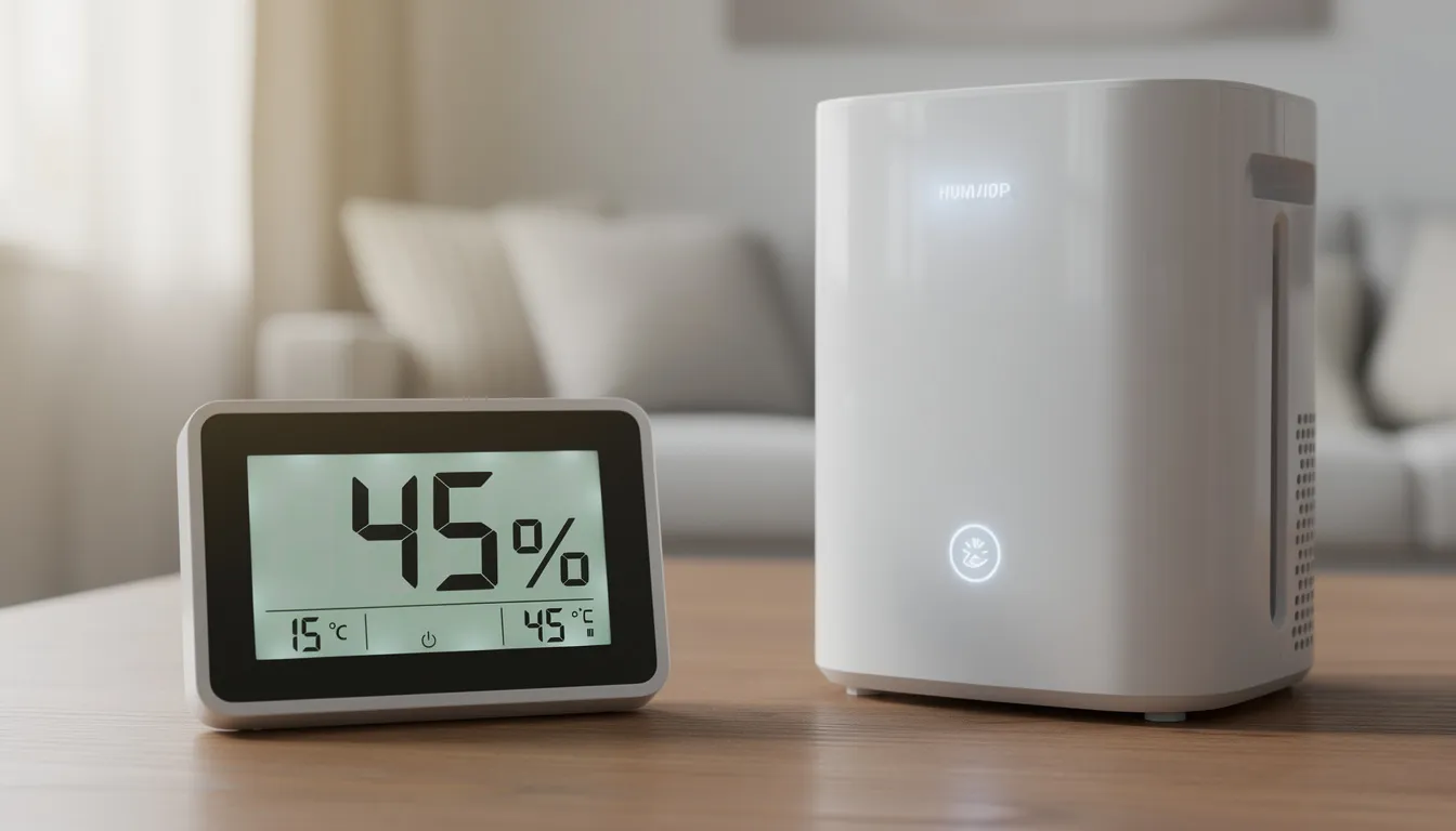 The image shows a digital hygrometer displaying the current humidity levels next to a dehumidifier, which is designed to reduce moisture in the air and prevent mold growth. This setup is essential for maintaining indoor air quality and addressing mold problems in damp areas of the home.