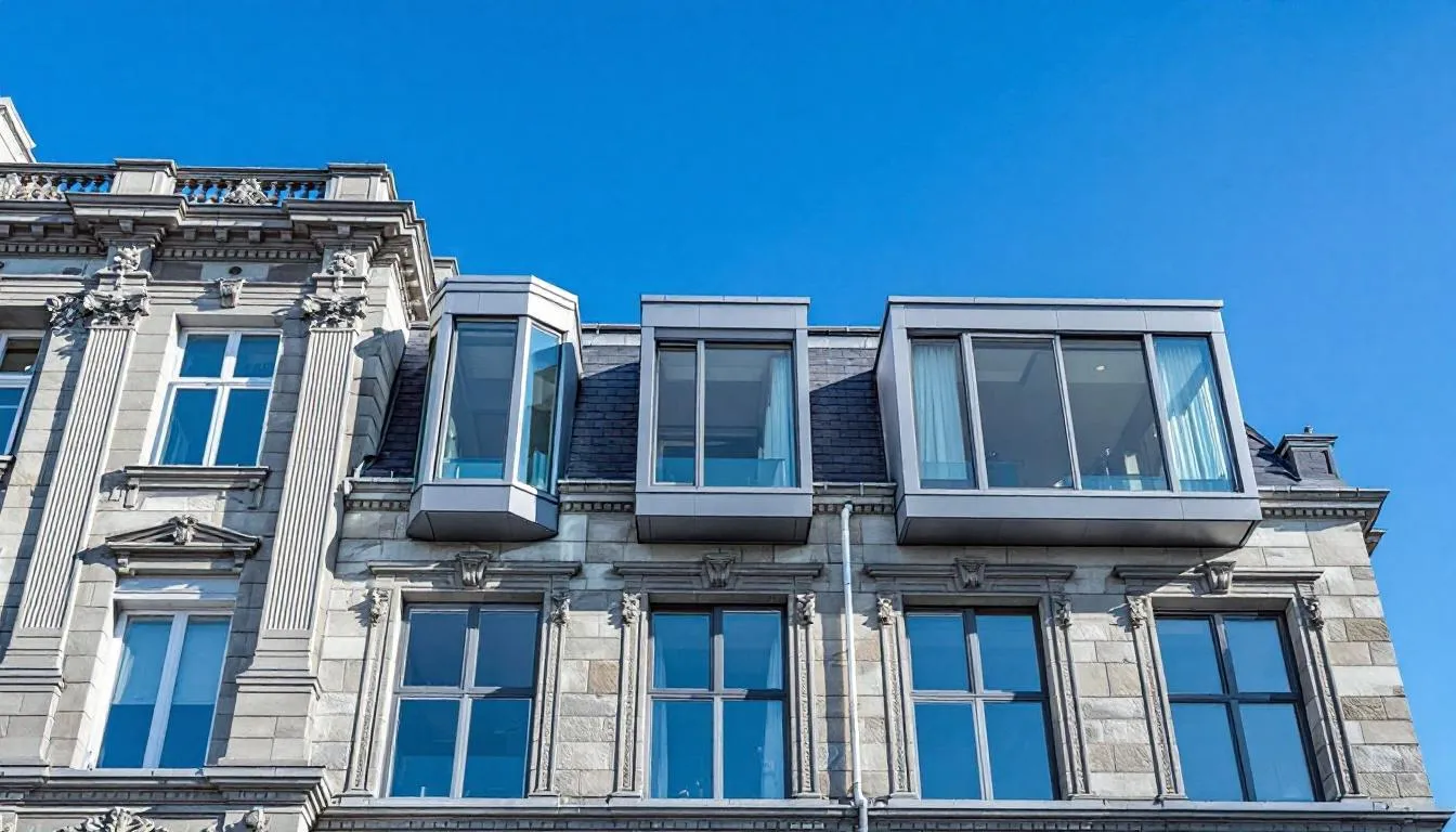Een historisch pand met moderne kozijnen in een traditionele stijl, waarbij de k vision kozijnen zorgen voor een robuuste uitstraling en lange levensduur. De combinatie van houten en kunststof elementen geeft het gebouw een unieke charme en onderhoudsarme eigenschappen.