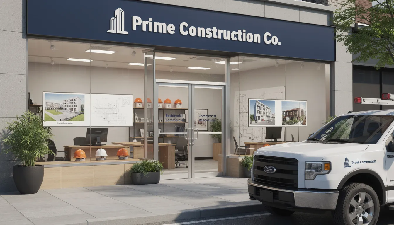 The image shows a construction company storefront featuring a welcoming entrance with large windows displaying various construction tools and materials. A sign above the door highlights the company's services, while a banner promotes retirement savings plans and investment options for employees, emphasizing their commitment to financial well-being and retirement benefits.