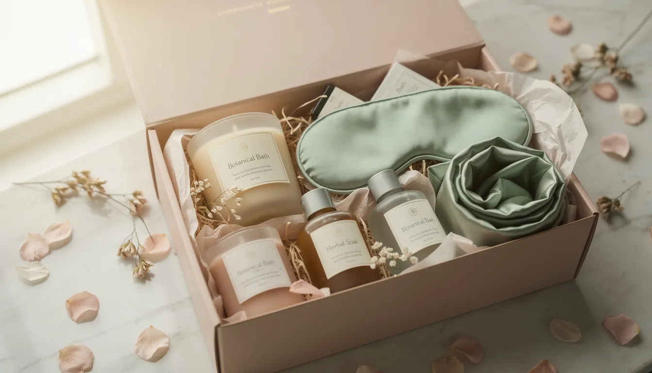 An elegant gift box is beautifully arranged with artisan candles, botanical bath products like bath salts and a full moon bath bomb, along with trendy silk accessories, making it a perfect self care subscription box for those seeking relaxation and wellness. This curated box is filled with amazing goodies that spark joy and promote a self care ritual.
