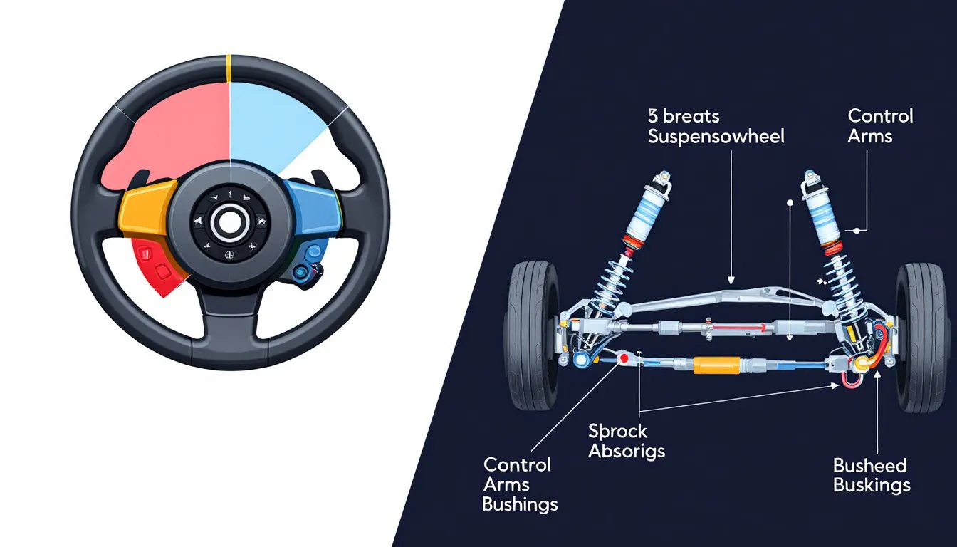 An illustration of a steering wheel and suspension system, highlighting car components.