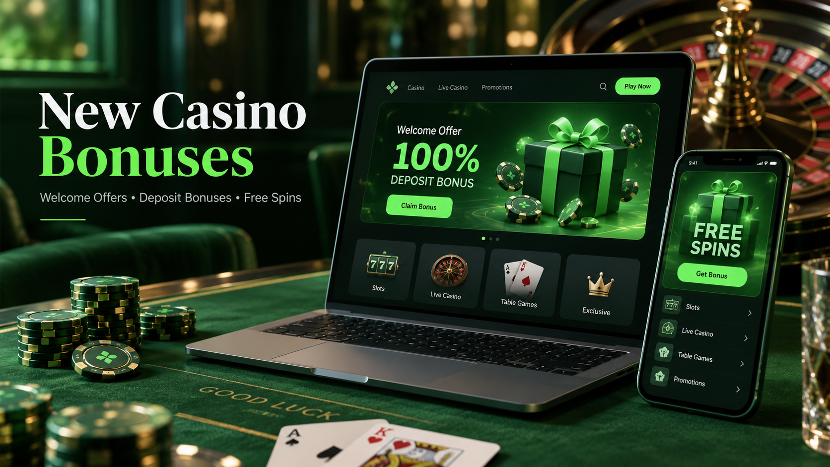 New casino bonuses displayed on laptop and mobile, featuring welcome offers, deposit bonuses and free spins.