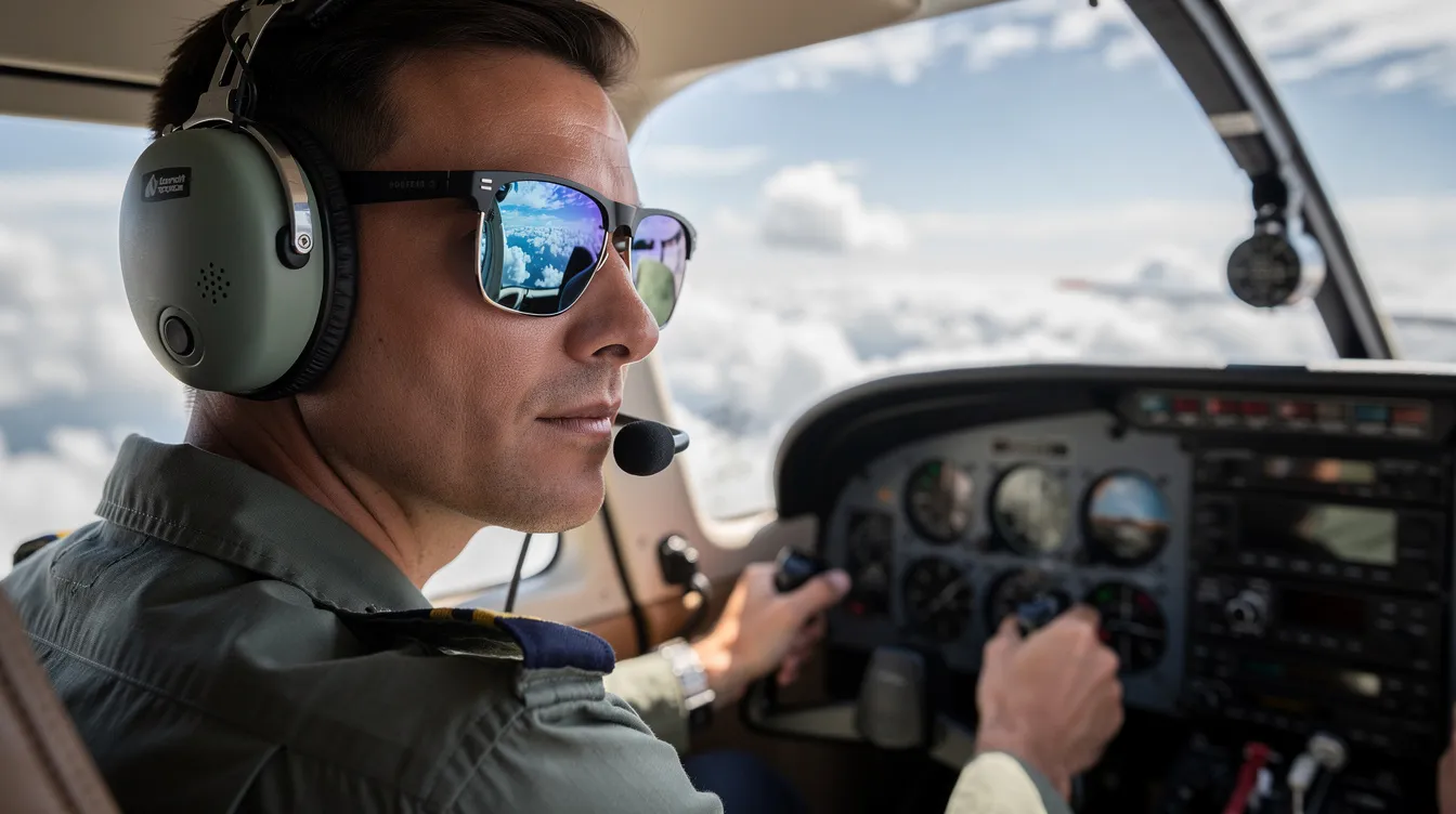 A pilot wearing a headset and sunglasses in a small-aircraft cockpit, illustrating the concentration and medical fitness required for safe flight.