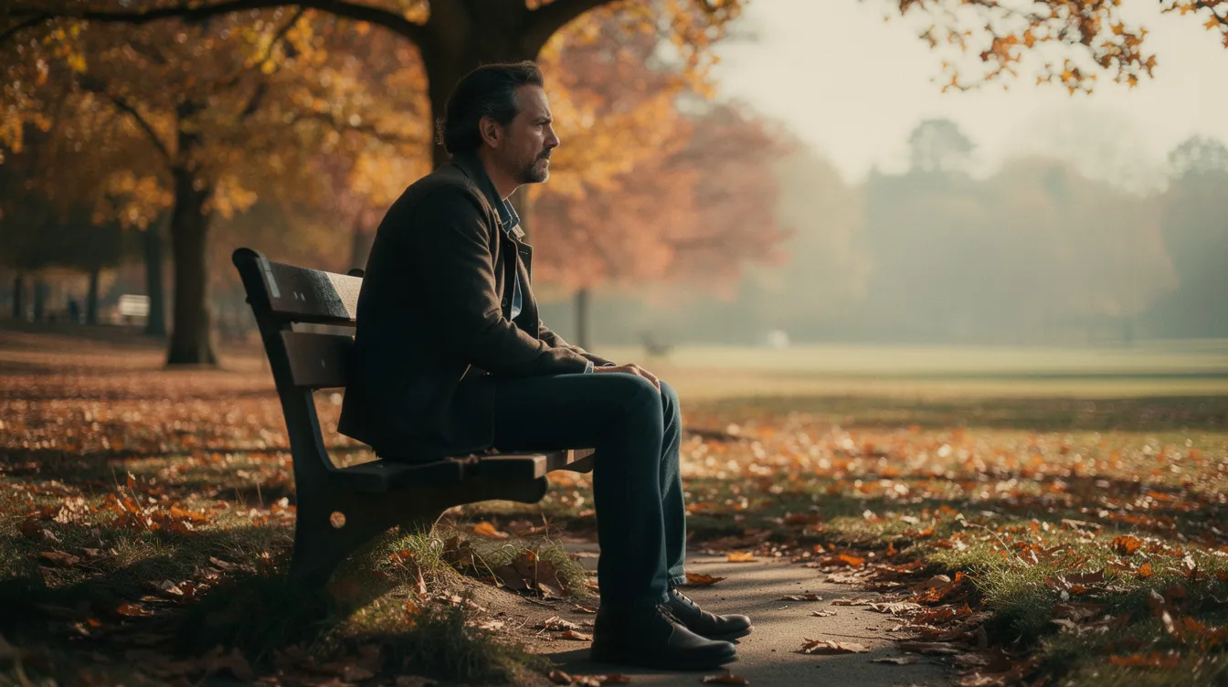 Ein einzelner Schauspieler, der die Hauptfigur in einem Drama verkörpert, sitzt auf einer Parkbank in einer weiten Parklandschaft, umgeben von herbstlichen Bäumen. Das warme Licht und die filmische Atmosphäre verleihen der Szene eine besondere Präsenz und Tiefe.