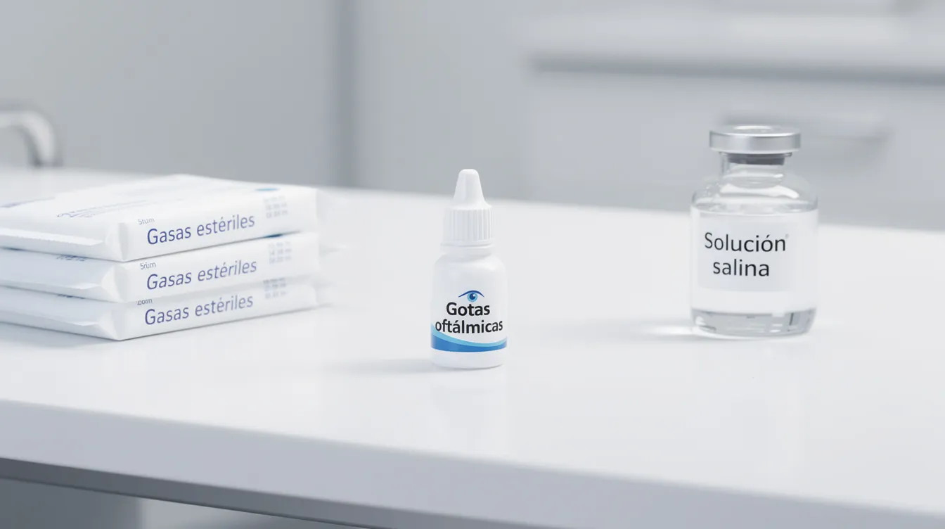 Sobre una superficie limpia, hay una mesa que contiene gotas oftálmicas, gasas estériles y un pequeño frasco de solución salina, elementos esenciales para el cuidado postoperatorio después de una cirugía de blefaroplastia, que ayudan en la recuperación de la blefaroplastia inferior y en la atención de los párpados.