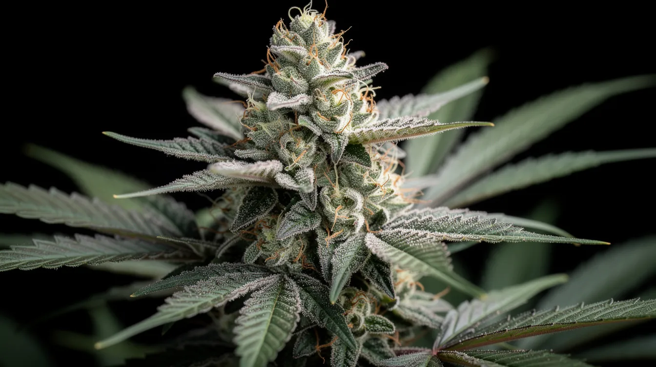 The image depicts a mature female cannabis plant showcasing dense, resinous buds that are prominently covered in visible trichomes, indicating its flowering stage. This plant is characterized by its female flowers, which produce buds rich in desirable cannabinoids, essential for cannabis growers seeking high-quality yields.