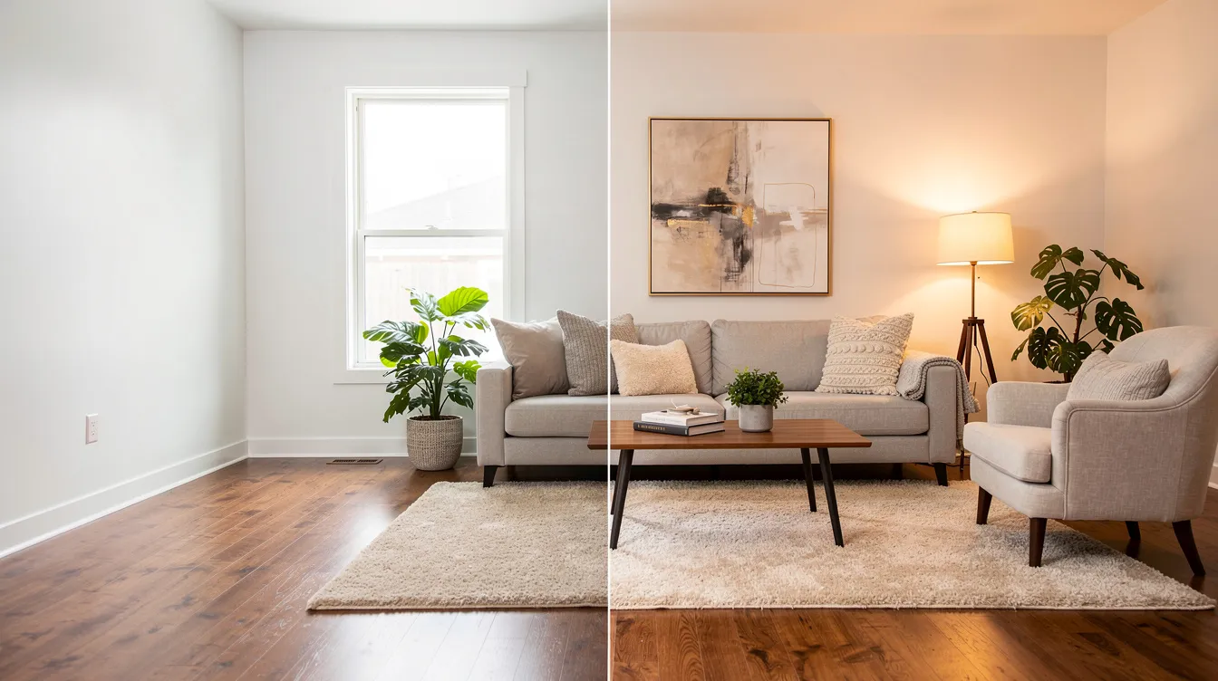 The image showcases a vacant room transformed through professional home staging, featuring modern furniture, vibrant artwork, and warm accessories that create an inviting atmosphere. This before-and-after comparison highlights the potential buyers' first impression, demonstrating how staging can significantly enhance the appeal and value of a property in Central Florida.