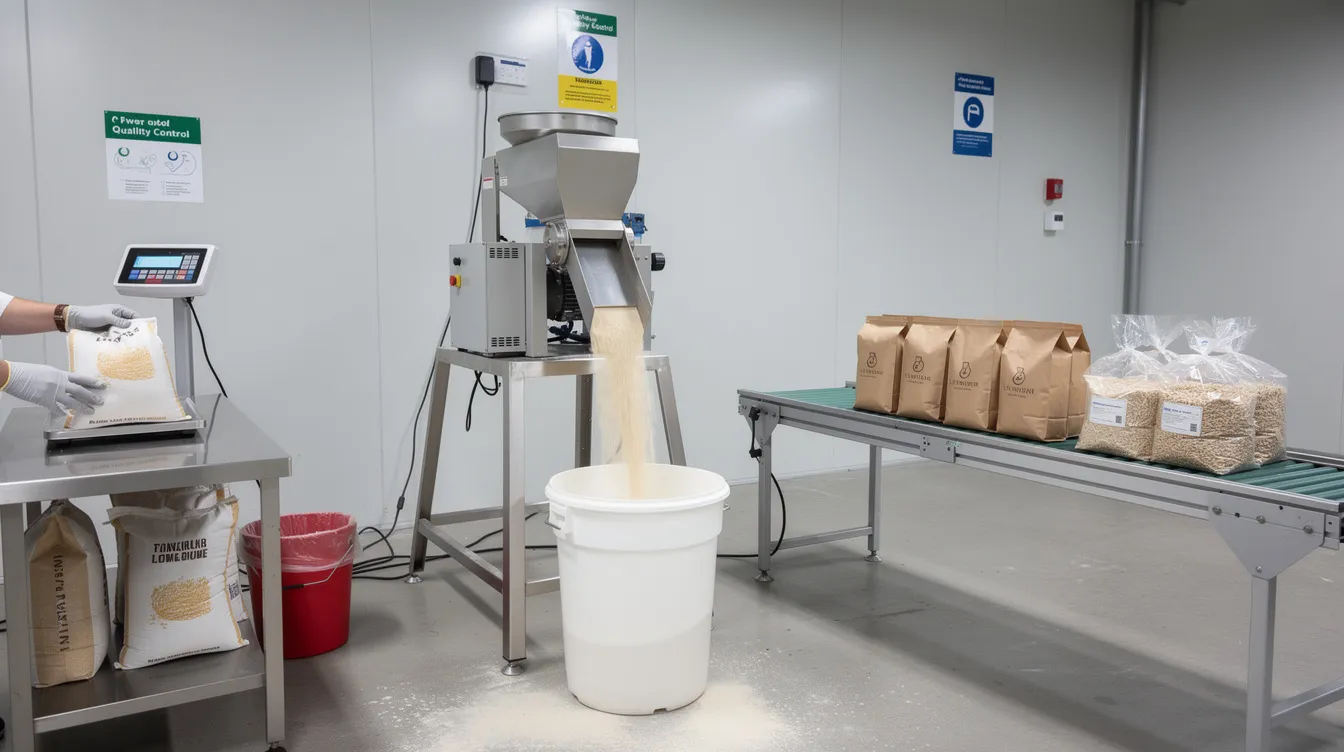 646e94cc 0cfc 4f56 a86e a976c3d436ec The image depicts a small flour mill setup featuring grinding machines, weighing equipment, and a packaging station, all situated in a clean industrial environment. This setup illustrates essential elements for a successful business plan, potentially linked to a mudra loan project report for small business owners.