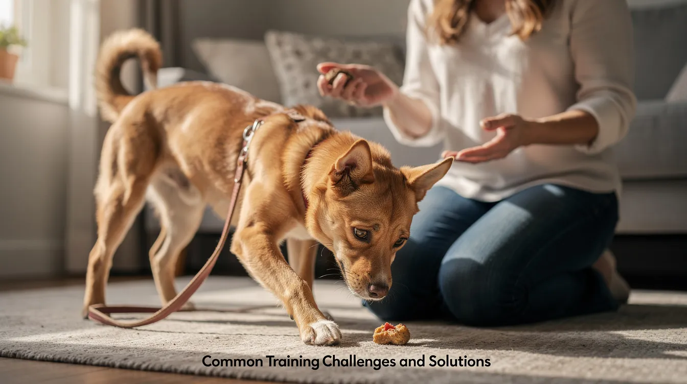 The image depicts a dog training session where a trainer uses an open palm to teach the "leave it" command, encouraging the dog to ignore a high-value treat placed on the ground. The scene captures the dog's focused behavior as it waits patiently, demonstrating impulse control amidst real-world distractions.