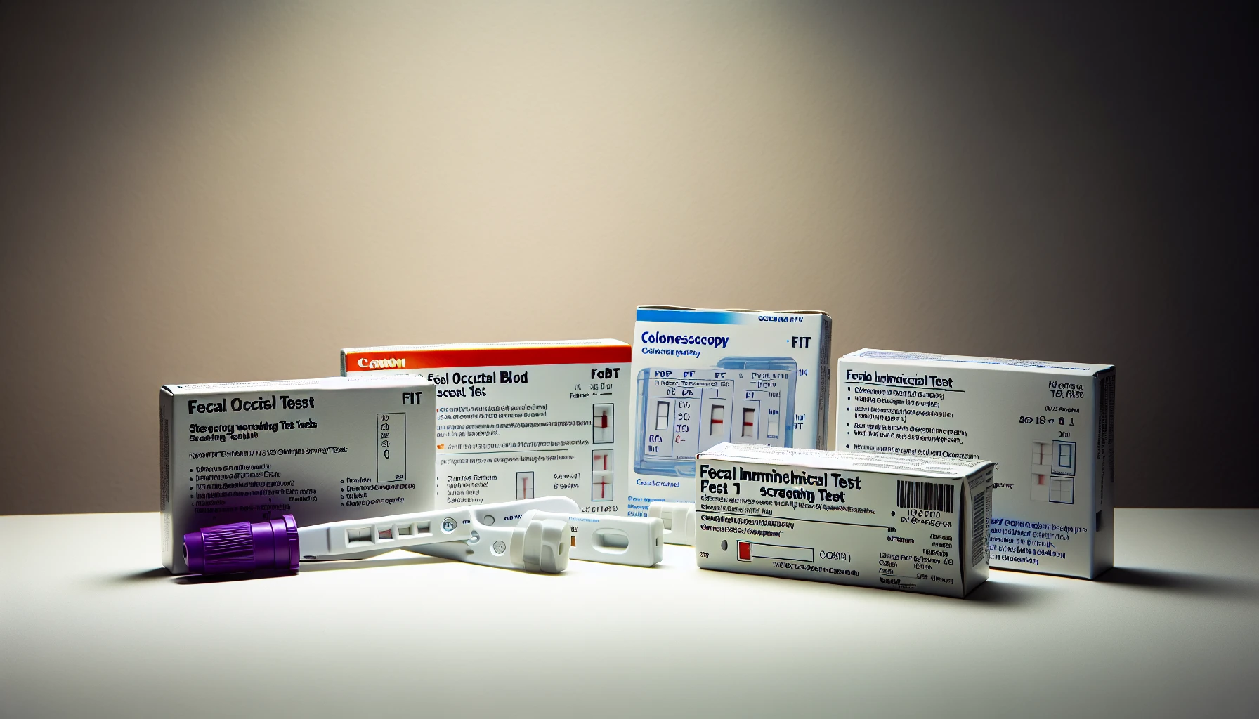 Photo of different colorectal cancer screening tests including FOBT, FIT, and colonoscopy