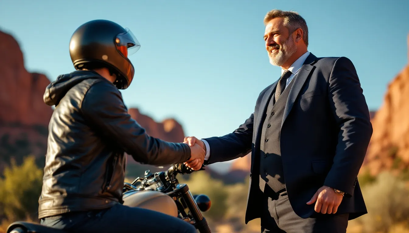 In a picturesque New Mexico setting, an attorney shakes hands with a motorcyclist client, symbolizing their partnership in navigating the legal process following a motorcycle accident. The scene reflects the commitment of experienced motorcycle accident lawyers to support injured motorcyclists in seeking fair compensation for their claims.