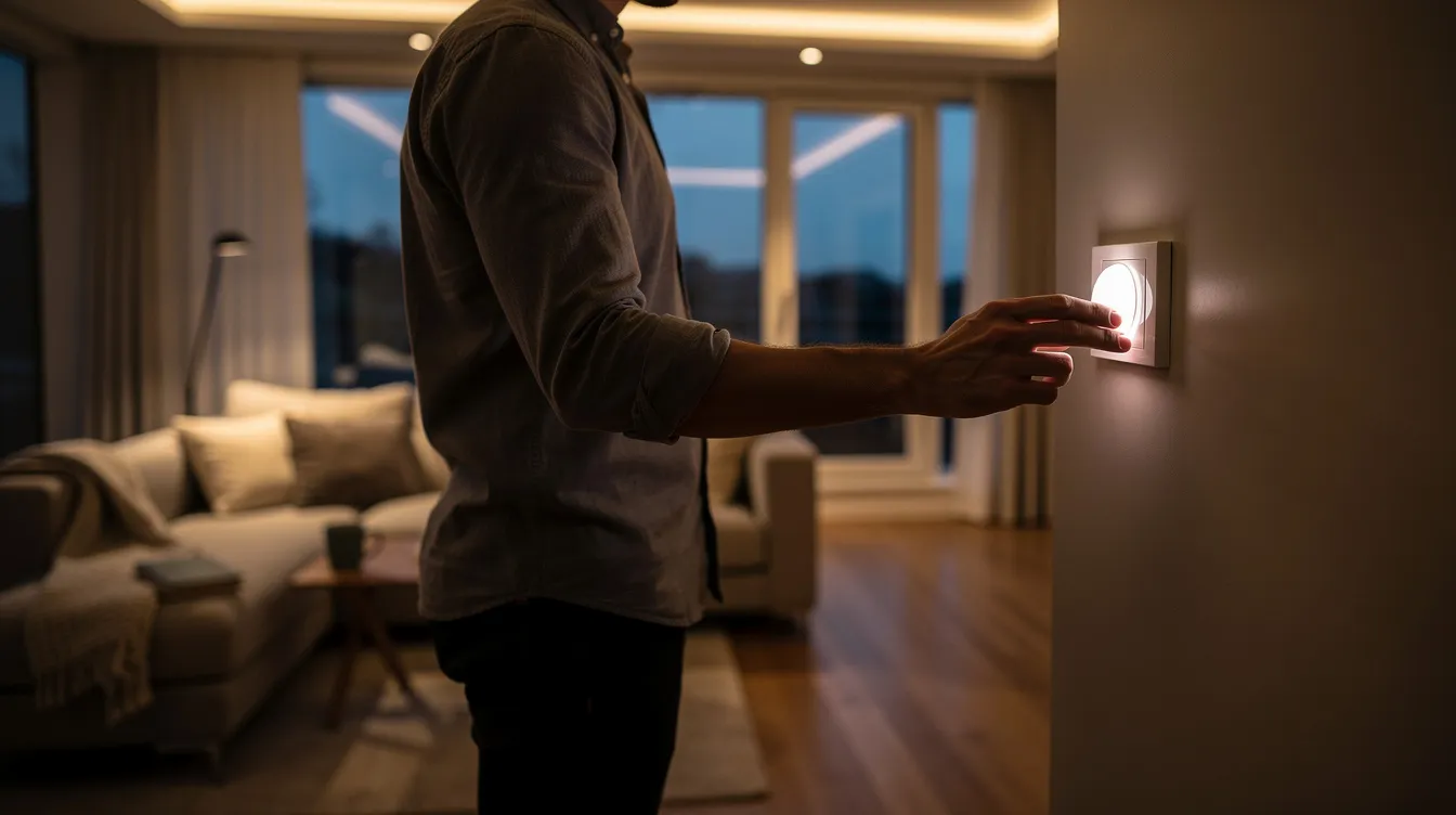 A person is dimming the lights in their living room during the evening hours, creating a cozy atmosphere that may help signal the body to produce more melatonin, the hormone responsible for regulating sleep patterns and the body&rsquo;s circadian rhythm. This action can aid in improving sleep quality and preparing for a restful night.