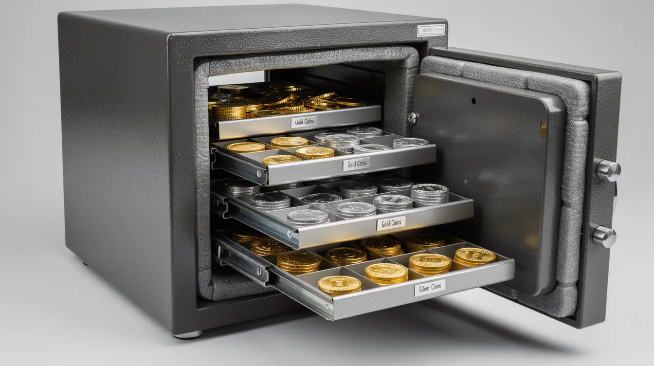 A compact fireproof safe containing organized trays of gold and silver coins