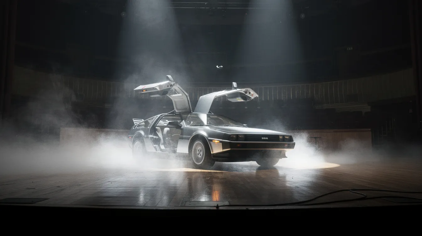 Das Bild zeigt einen DeLorean, die berühmte Zeitmaschine aus "Zurück in die Zukunft", umhüllt von dichtem Nebel auf einer Theaterbühne. Die mystische Atmosphäre lässt an die Abenteuer von Marty McFly und Doc Brown denken, während sie durch die Zeit reisen.