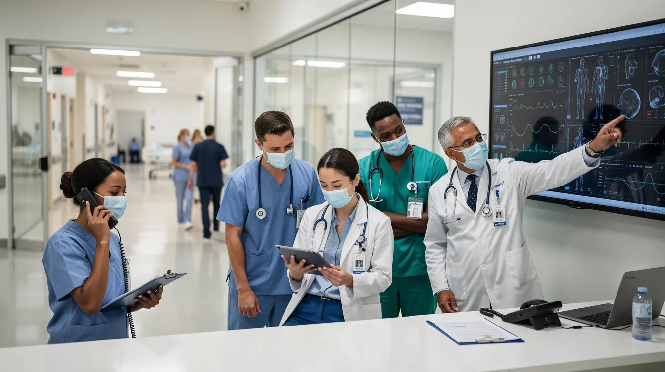 A group of healthcare professionals, including doctors and nurses, collaborate in a hospital setting, discussing patient care and reviewing medical charts. The environment is busy and focused, reflecting teamwork in a critical healthcare setting.