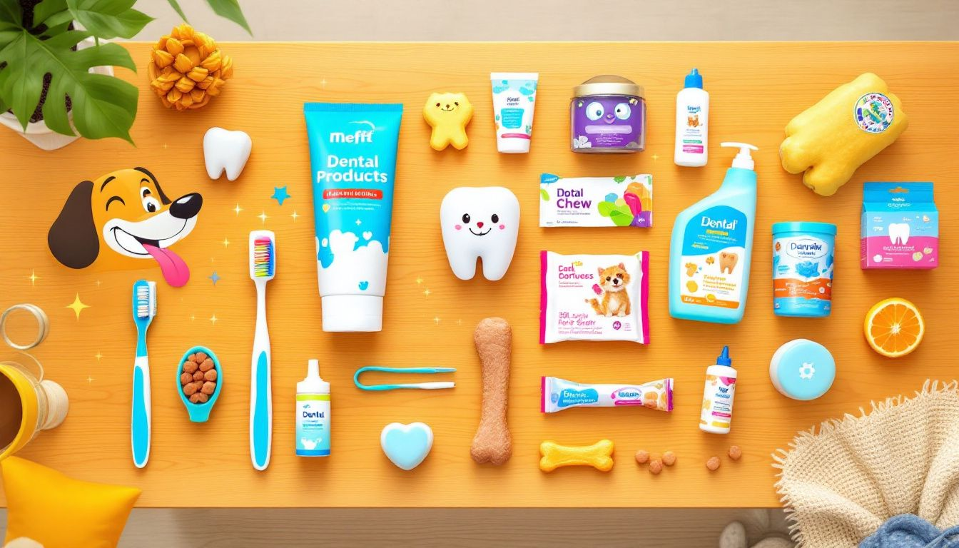 Various dental products for pets displayed on a table.