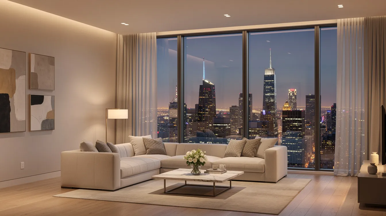 The image showcases an elegant apartment with large windows offering a stunning view of the city skyline, featuring modern furnishings and a cozy atmosphere. This luxurious space is ideal for individuals considering estate planning and the tax implications of trust assets and income tax purposes.