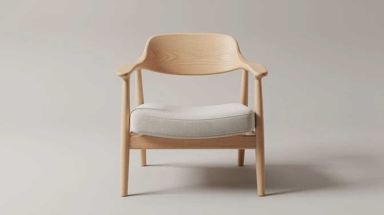 En klassisk skandinavisk fåtölj i ljust trä står mot en neutral bakgrund, vilket framhäver dess stil och design. Fåtöljen är ett exempel på högkvalitativ möbeldesign, där fokus ligger på hållbarhet och funktionalitet.