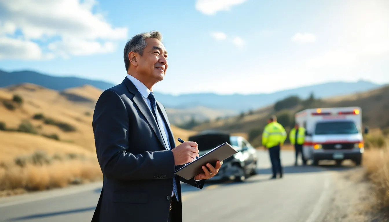 A 60-year-old Asian male attorney is seen investigating a car crash scene, with a scenic California backdrop and an ambulance present. The image conveys a sense of determination and good vibes, highlighting the attorney's commitment to helping car accident victims pursue their personal injury claims and secure maximum compensation.