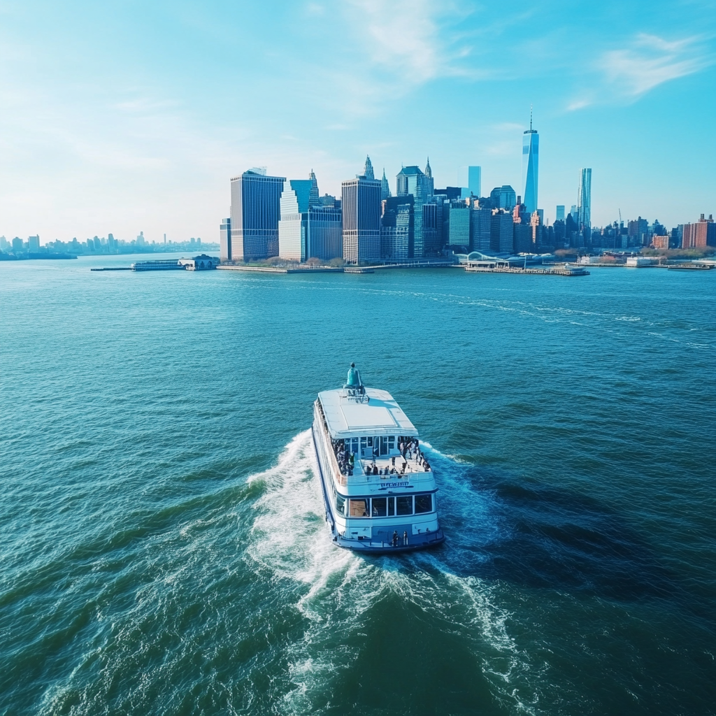 A ferry sailing towards Liberty Island, a key destination on your NYC bucket list.