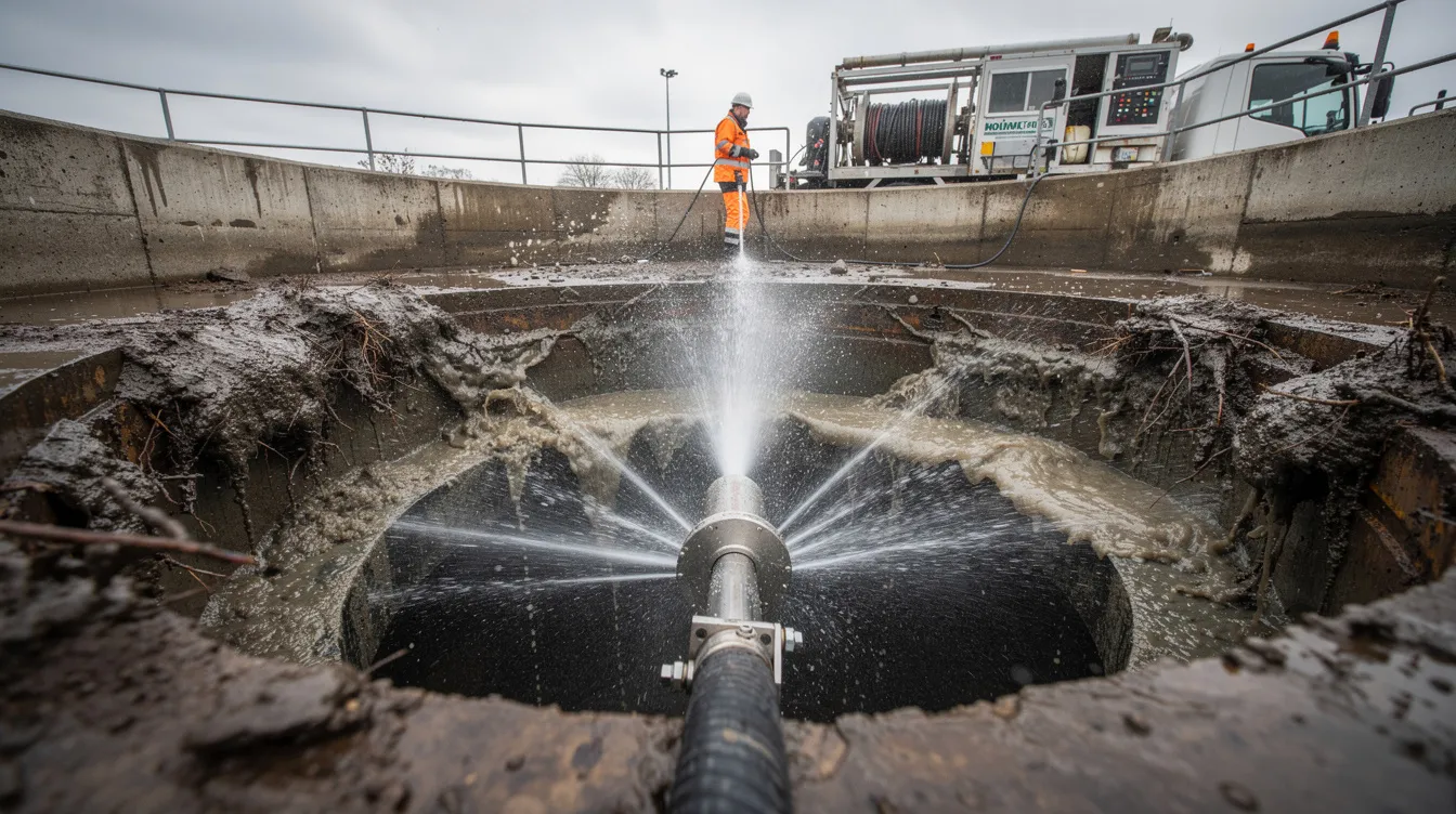 The image shows high-pressure water jetting equipment being operated to clear a clogged drain in a sewer line, demonstrating professional drain cleaning services. This specialized equipment effectively removes blockages caused by mineral buildup and grease, ensuring optimal function of the plumbing system.