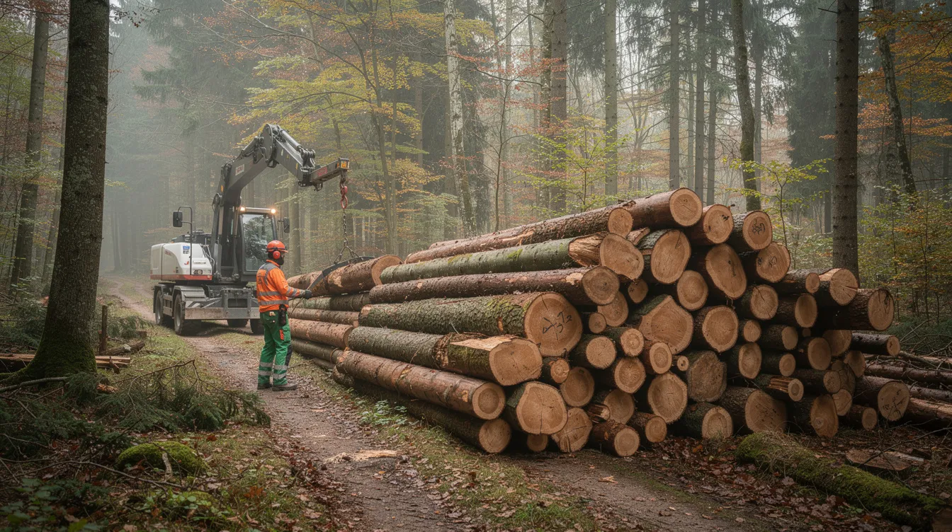 Im sächsischen Wald sind Holzstapel am Wegrand sichtbar, die aus nachhaltig bewirtschaftetem Holz bestehen. Diese Forstwirtschaftliche Arbeit trägt zur CO2-Reduktion bei und unterstützt die Qualität und Herkunft von Brennholz für den Kamin.