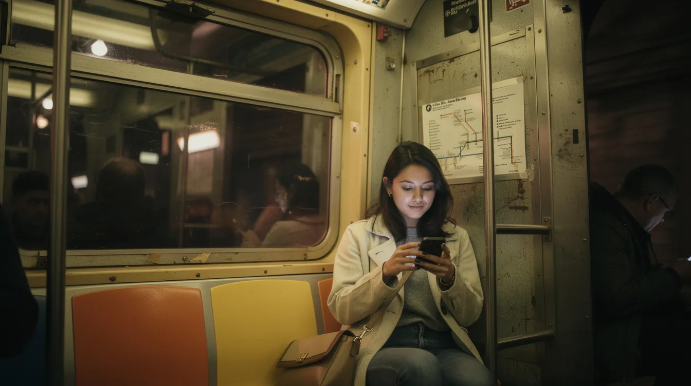A woman is sitting on the NYC subway, intently looking at her cell phone, possibly browsing dating apps as she navigates the fast-paced dating scene in New York City. The image captures the essence of urban life, where new connections and relationships can emerge even during a daily commute.