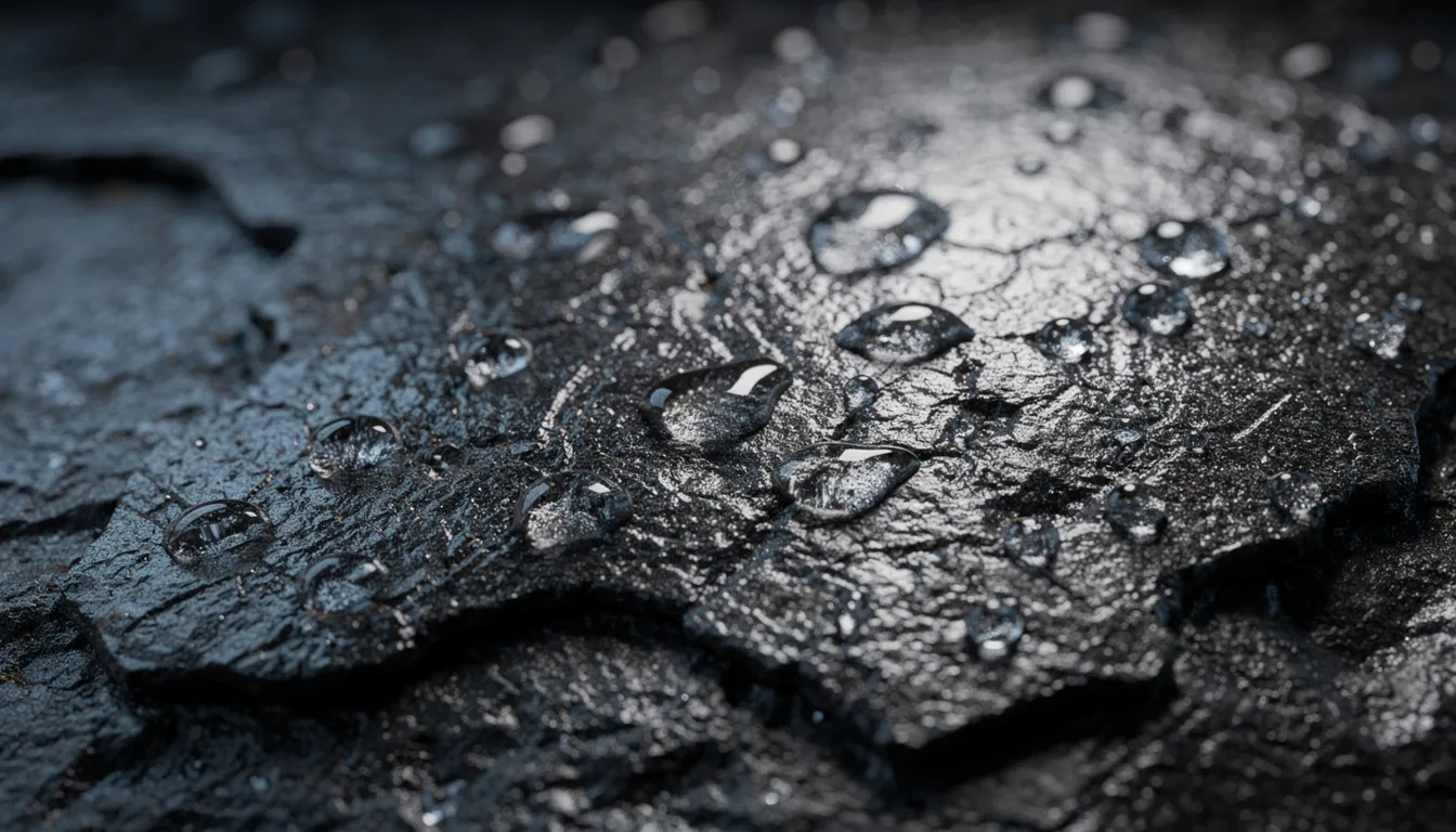 The image shows a close-up of a wet, dark surface that has an irregular texture and is covered with moisture droplets, which may indicate the presence of mold. This type of environment can lead to mold growth, potentially exposing individuals to harmful mold spores and associated health risks, such as allergies and respiratory issues.