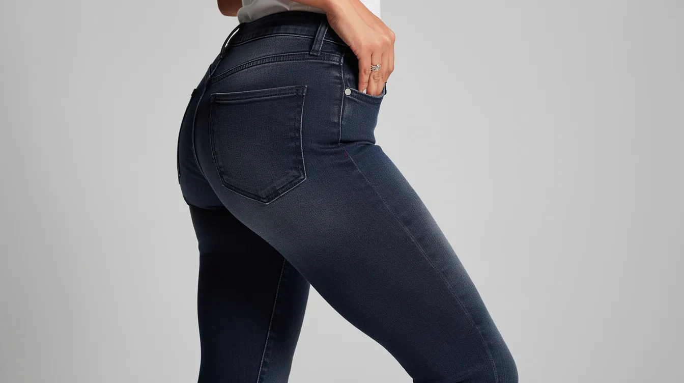 The image shows a side profile view of a woman's lower body in fitted jeans, highlighting a smooth and lifted silhouette that suggests the effects of body contouring treatments like a Sculptra butt lift. The jeans accentuate the curves of her buttocks, emphasizing a natural-looking enhancement.