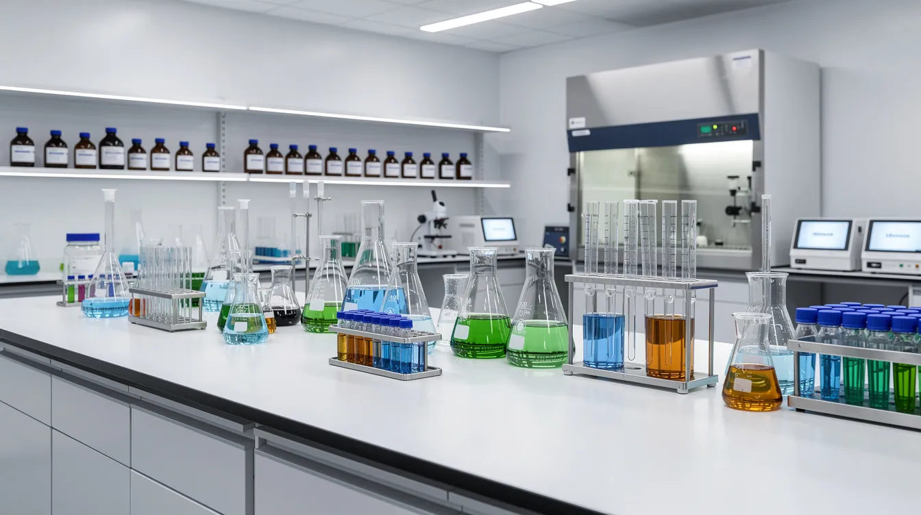 The image depicts a scientific laboratory equipped with various testing instruments and glass beakers neatly arranged on a counter, illustrating a space where research related to medical cannabis and hemp-derived products may take place. This environment emphasizes the importance of compliance with federal guidelines and state laws, such as those pertaining to THCA legal status in Utah's medical cannabis program.