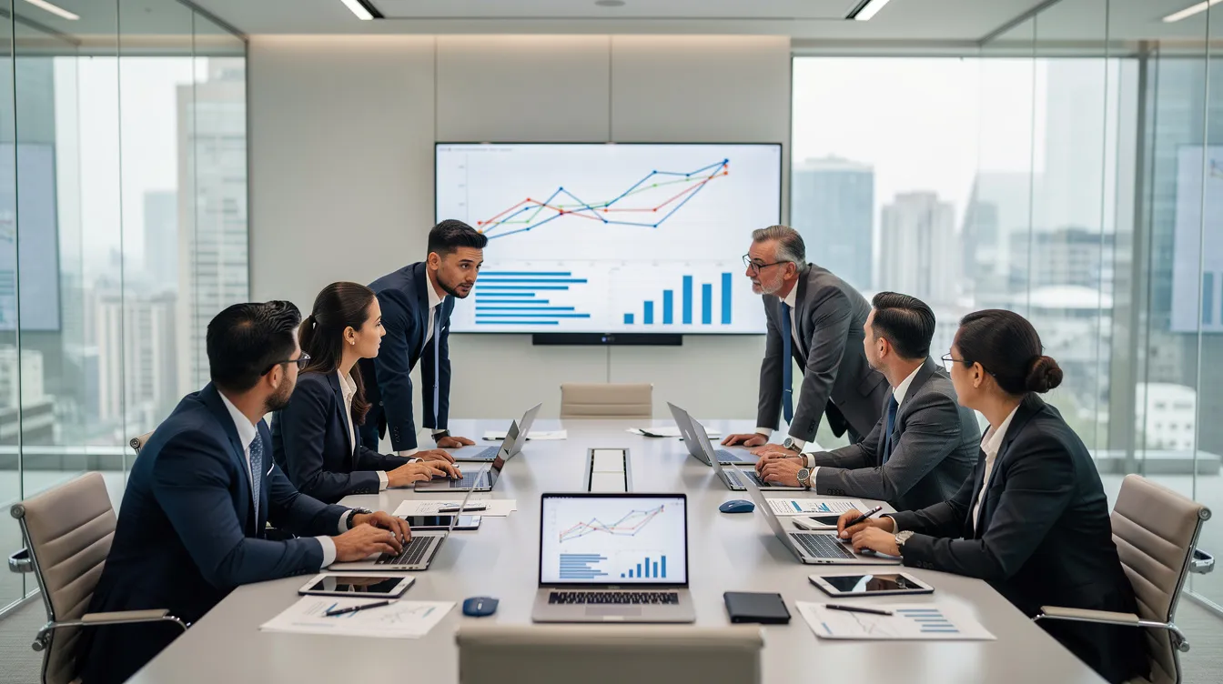 A team of financial professionals is engaged in a collaborative discussion in a modern conference room, surrounded by large windows that provide ample natural light. They are strategizing on various aspects of financial services, including SEO efforts to enhance their online visibility and attract potential clients in the competitive finance sector.