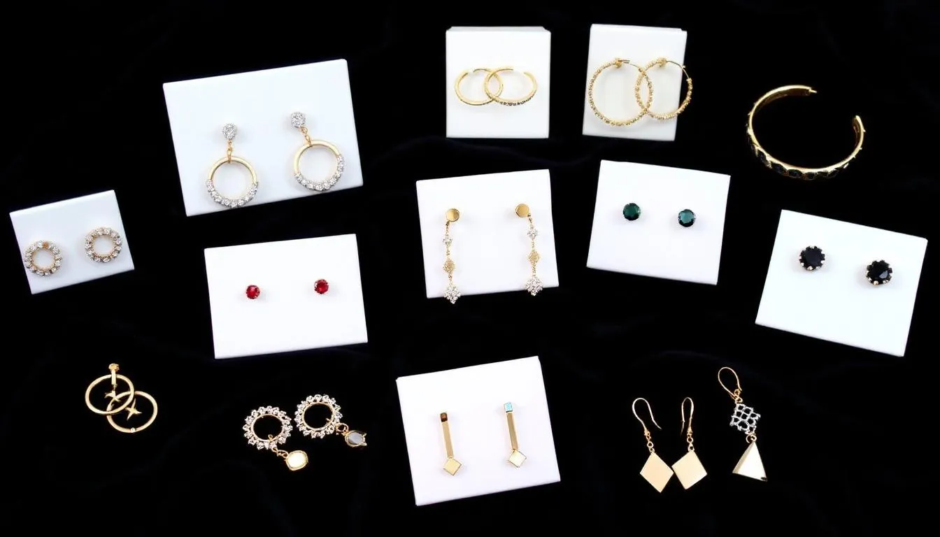 The image showcases a variety of stylish earrings perfect for Christmas, including stud earrings crafted from sterling silver and gold plated designs, all featuring a festive sparkle. The display highlights different pairs available for sale, making them ideal gifts to wear during the holiday season.