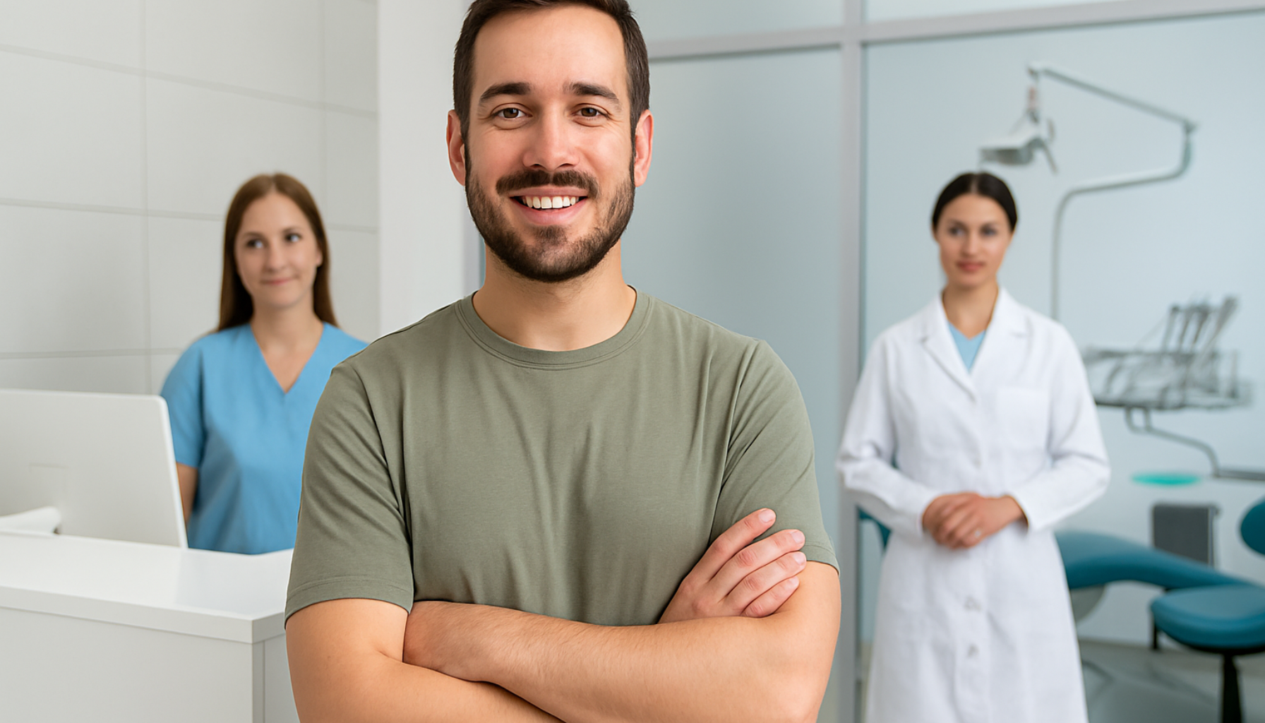 Tannlegesenter nær deg – Slik velger du riktig klinikk 12 Smilende pasient foran moderne tannklinikk med tannlege og resepsjonist i bakgrunnen, lyst og rent miljø.