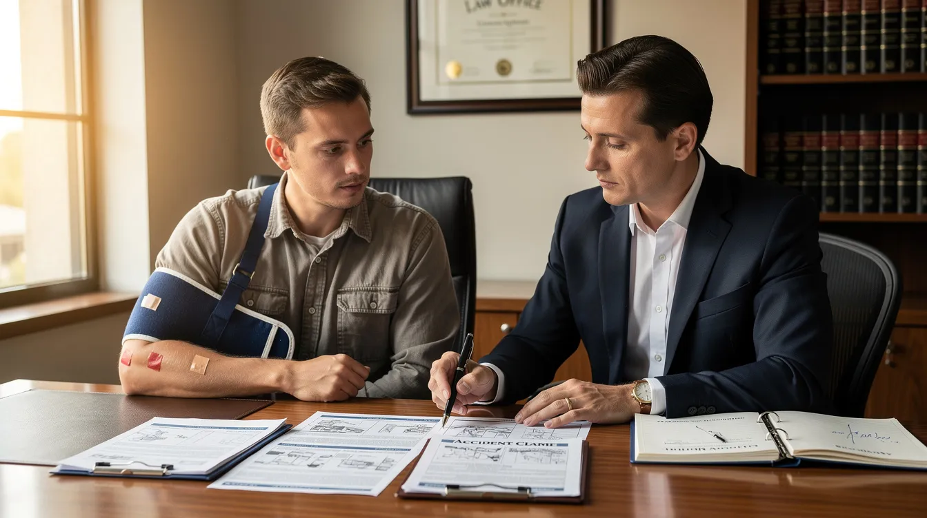 An attorney is seated at a desk, reviewing accident documents with an injured worker who is discussing their company car accident. The scene emphasizes the importance of understanding workers' compensation claims and seeking fair compensation for the injuries sustained in the work-related car accident.