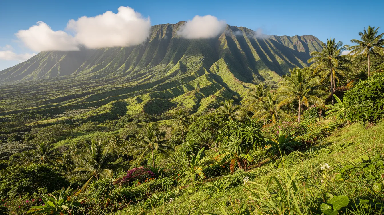 A vibrant tropical hillside in Hawaii showcases lush green vegetation and volcanic mountains in the background, all illuminated by bright sunlight. This picturesque scene embodies the essence of the Hawaiian Islands, often associated with the iconic maui wowie strain known for its uplifting effects and sweet pineapple aroma.