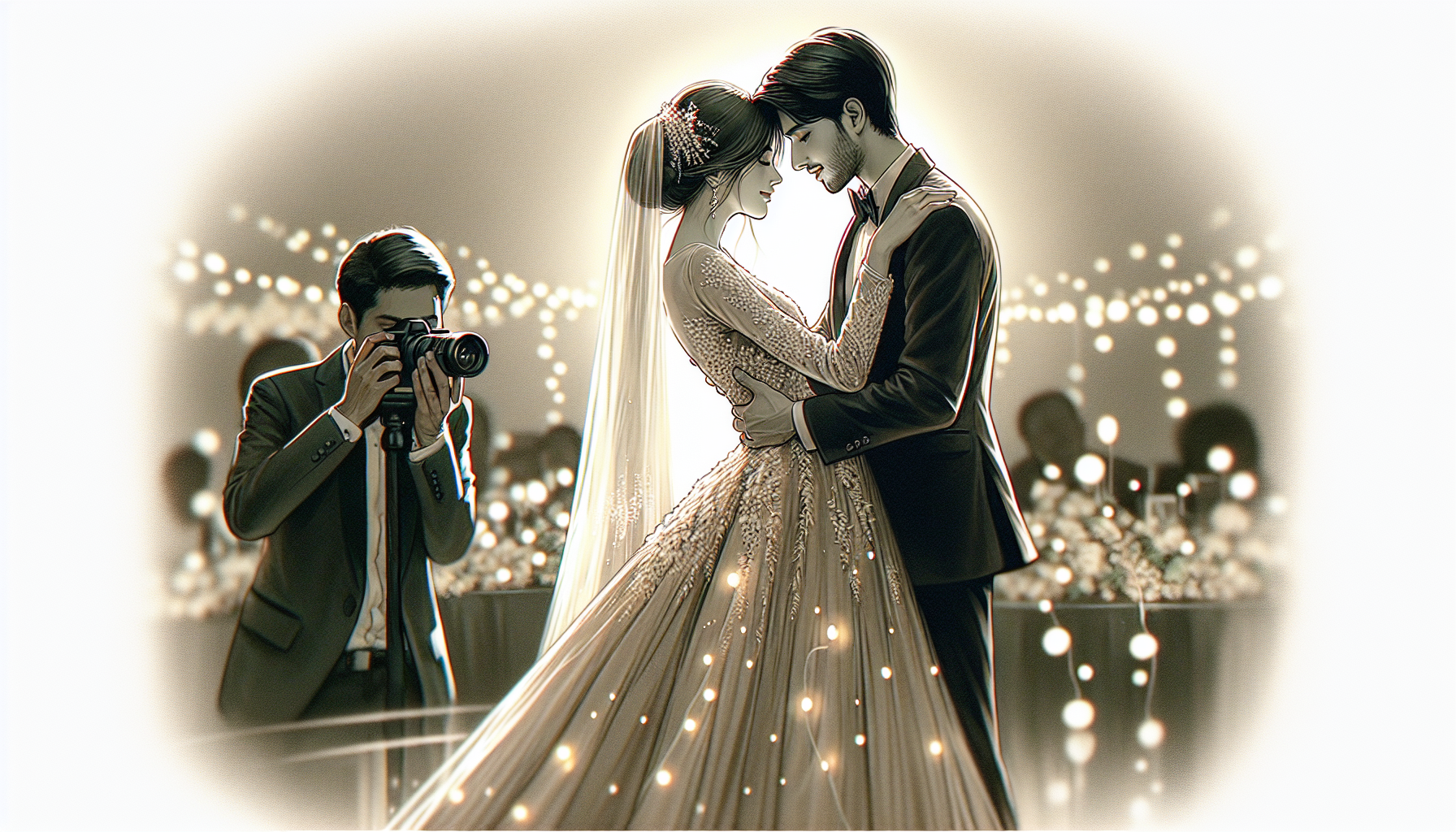 Illustration of a wedding couple with a photographer capturing the moment