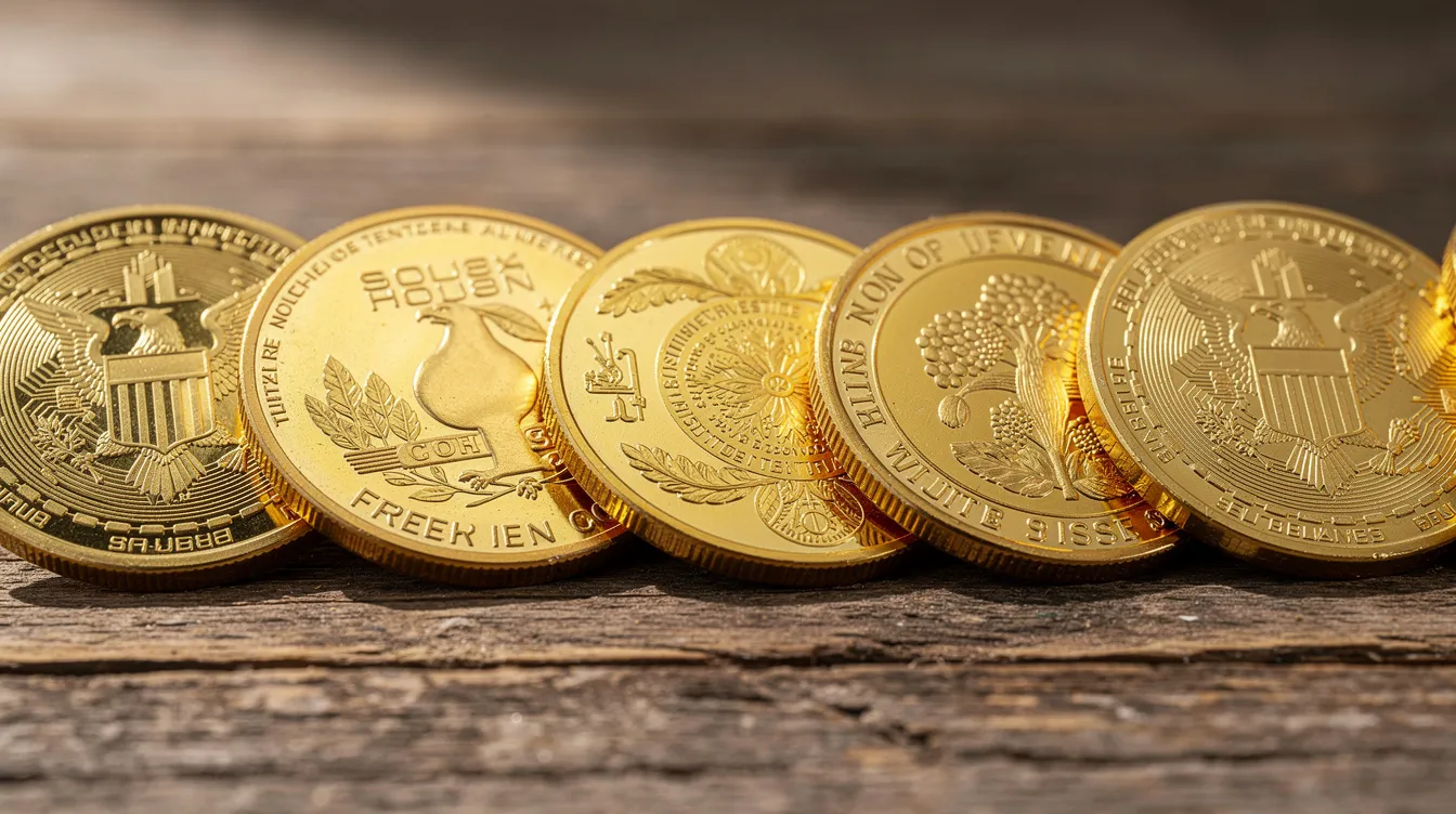 Eine Nahaufnahme zeigt verschiedene Goldanlagemünzen, die ordentlich nebeneinander auf einem Holztisch liegen. Diese Münzen repräsentieren wertvolle Investitionen in Edelmetalle, die als Schutz gegen Inflation und zur Vermögenssicherung dienen.