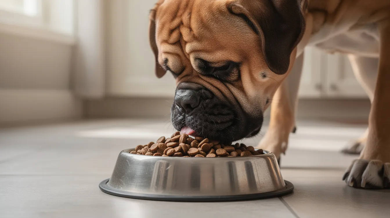 A bullmastiff is happily eating high-quality kibble from a dog bowl, showcasing its strong build and gentle demeanor. This loyal companion, known for its protective nature, exemplifies the breed's temperament as it enjoys its meal.