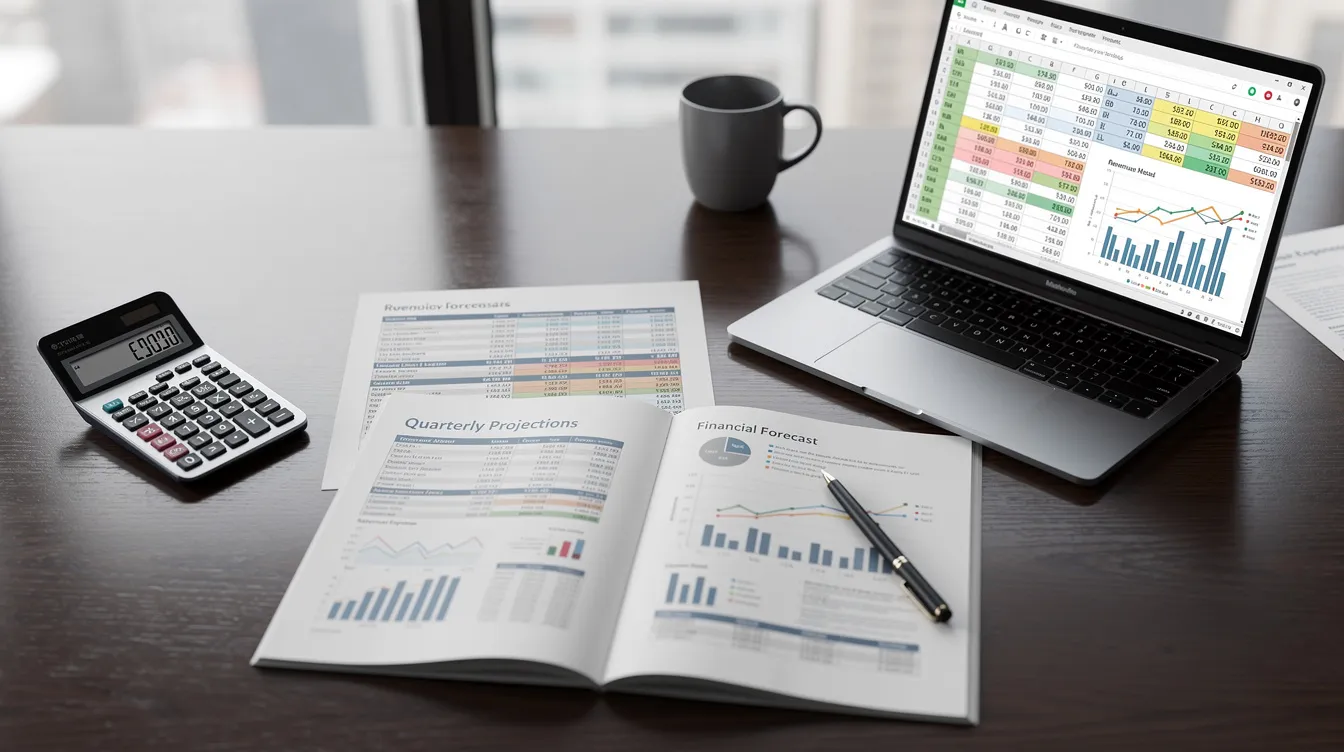 6495027d 791e 472c b469 d7942c96d26d The image features a professional desk equipped with financial documents, a calculator, and a laptop displaying spreadsheets with projections related to the whey protein powder industry. This setup highlights essential elements such as expenditure projections, profit and loss accounts, and capital investments necessary for effective financial analysis in whey protein manufacturing.