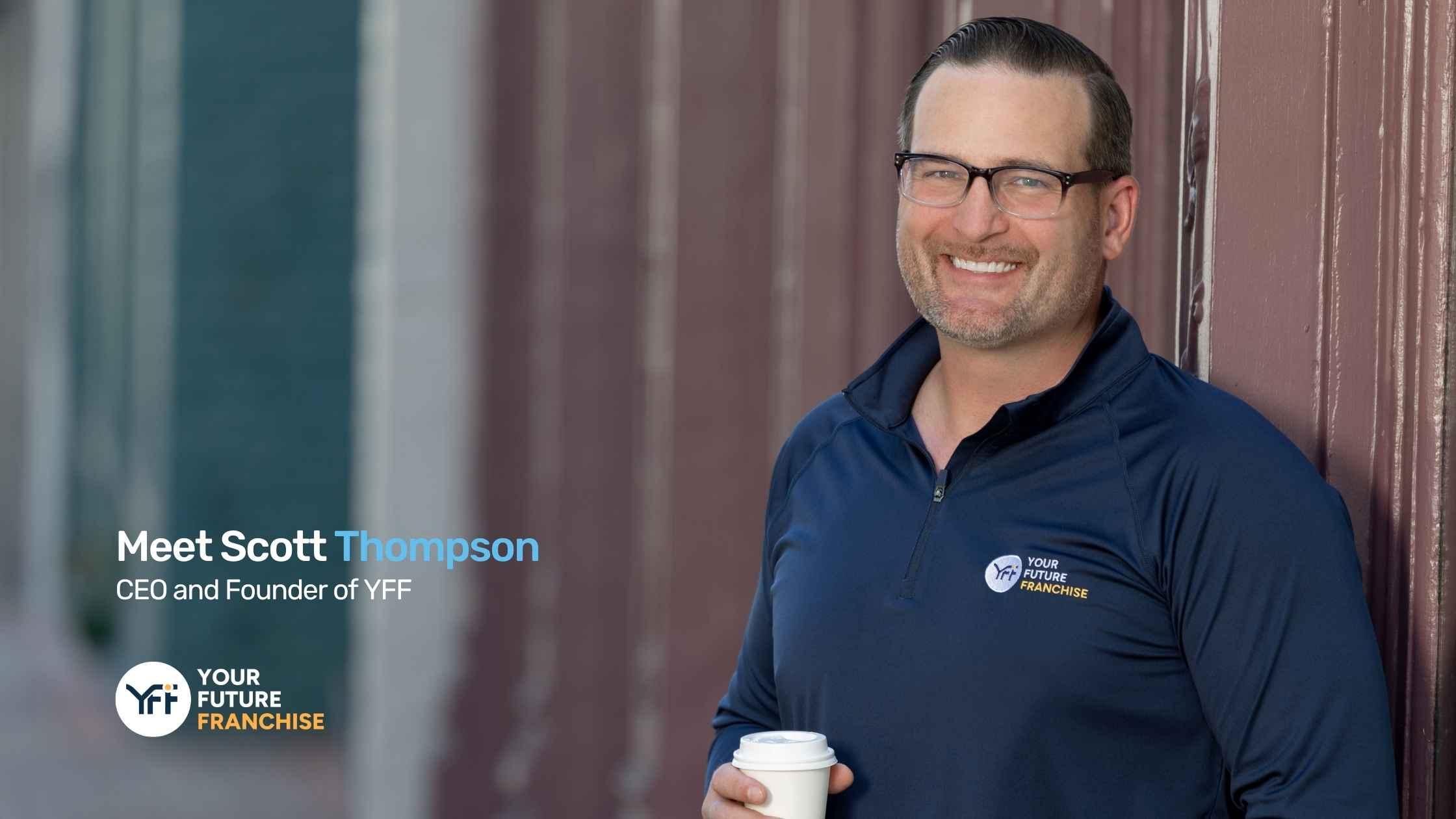A picture of Scott Thompson smiling and drinking coffee