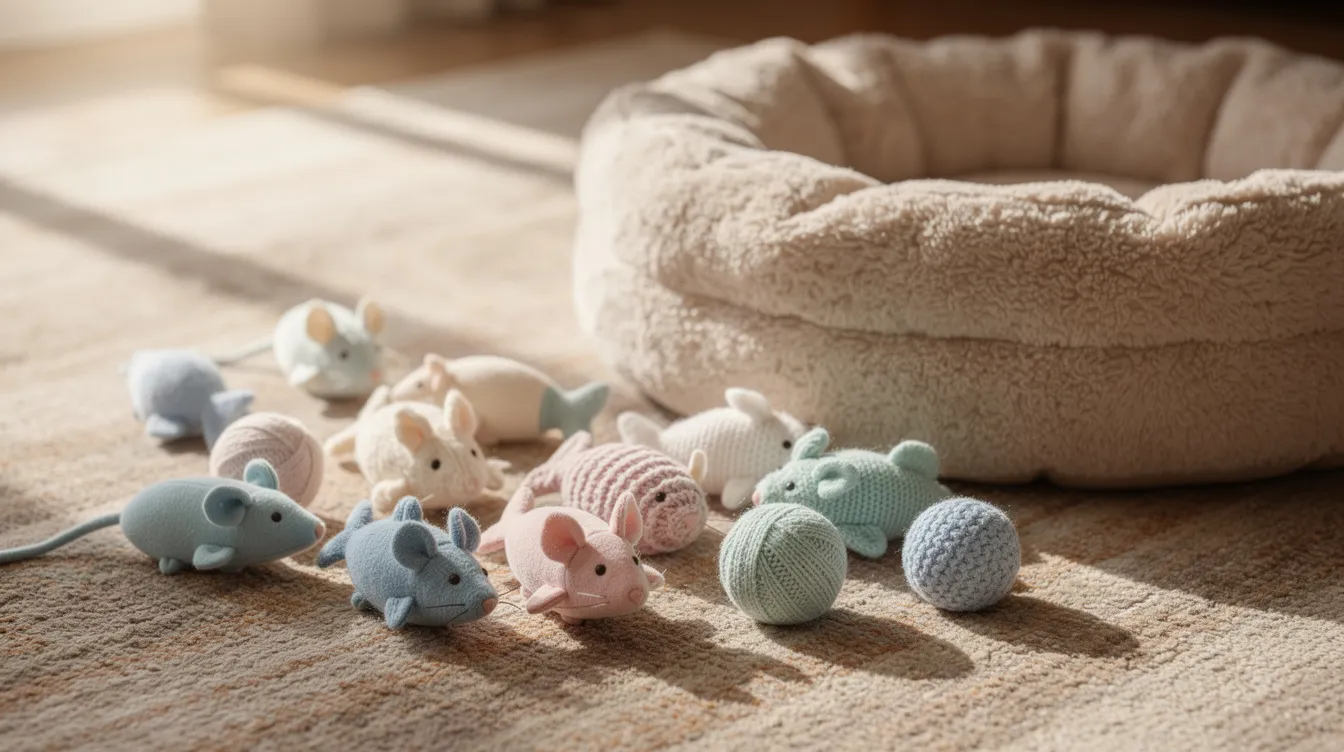 A cozy arrangement of soft fabric cat toys, including plush mice and colorful balls, is displayed on a warm rug next to a cat bed, providing a perfect setup for indoor cats to engage in playful activities and mental stimulation. These cat toys are designed to keep feline friends entertained and satisfy their hunting instincts during playtime.
