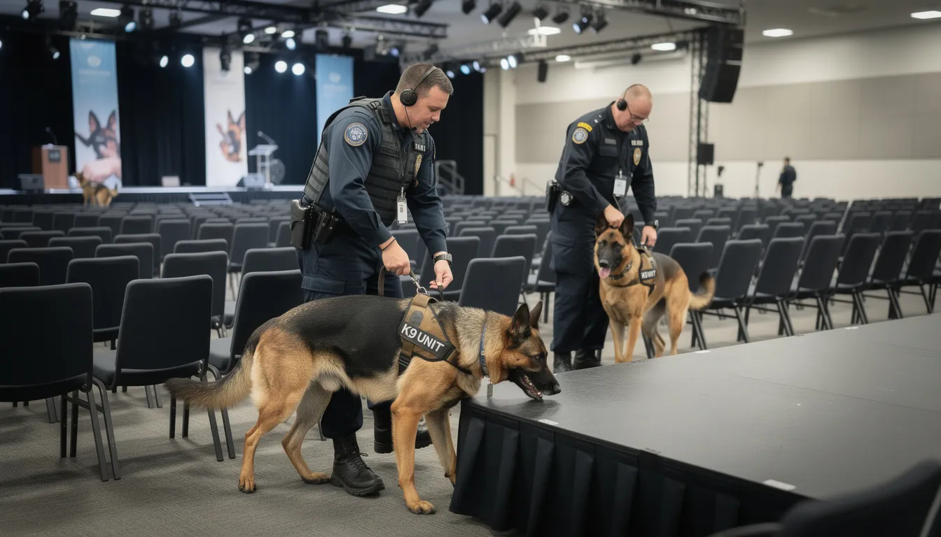 A professional K9 security team is seen conducting a thorough sweep of an event venue, ensuring safety and security for attendees. Their presence highlights the importance of effective crowd management and security measures in creating a positive guest experience at large-scale events.