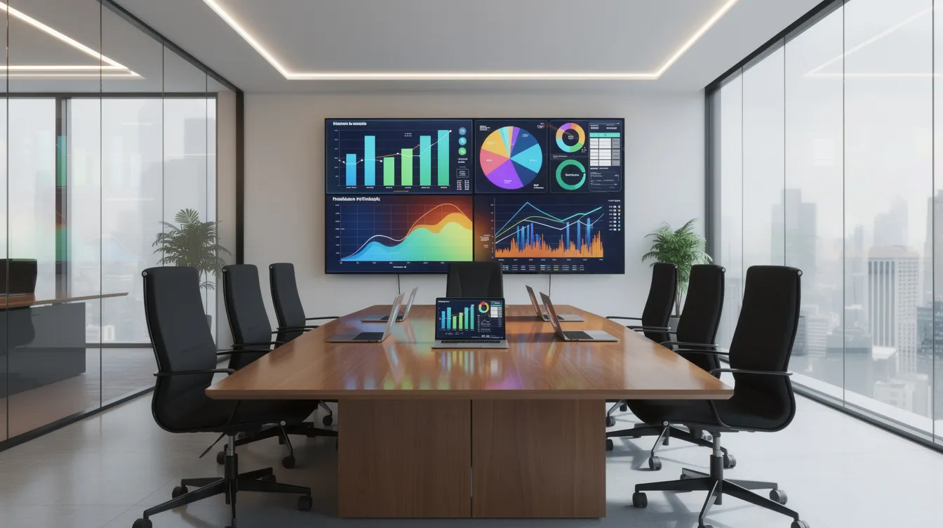 Das Bild zeigt einen eleganten, modernen Konferenzraum eines Unternehmens, der mit großen digitalen Bildschirmen ausgestattet ist, auf denen anschauliche Datenvisualisierungen und Diagramme zu sehen sind, die wichtige Leistungsindikatoren und Markenkennzahlen hervorheben. Diese Gestaltung verdeutlicht den Fokus auf die Analyse der Markenleistung und der Kundenzufriedenheit, um ein nachhaltiges Markenwachstum voranzutreiben.