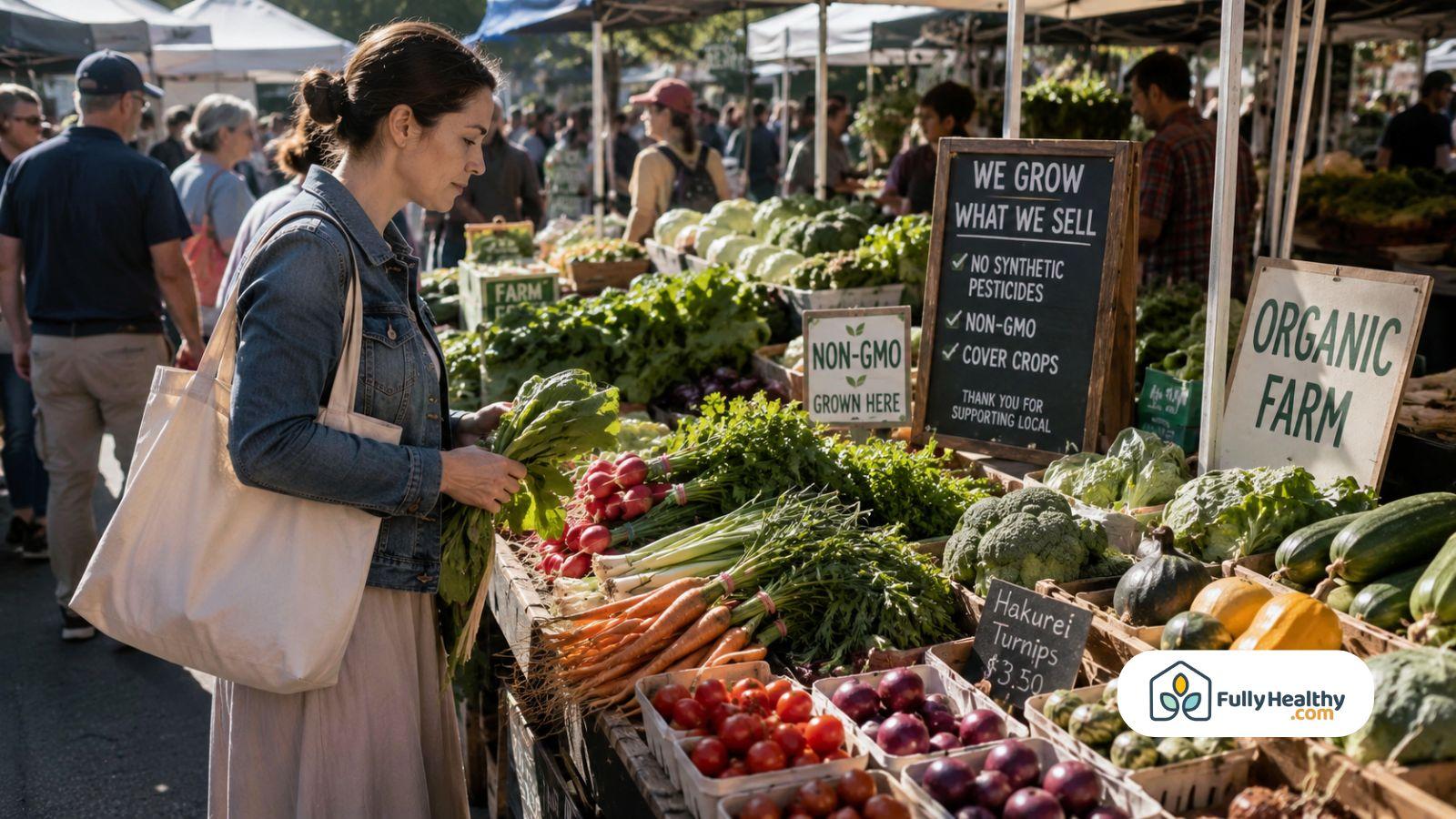 Woman browsing non-GMO and organic vegetables at busy local farmers market stall