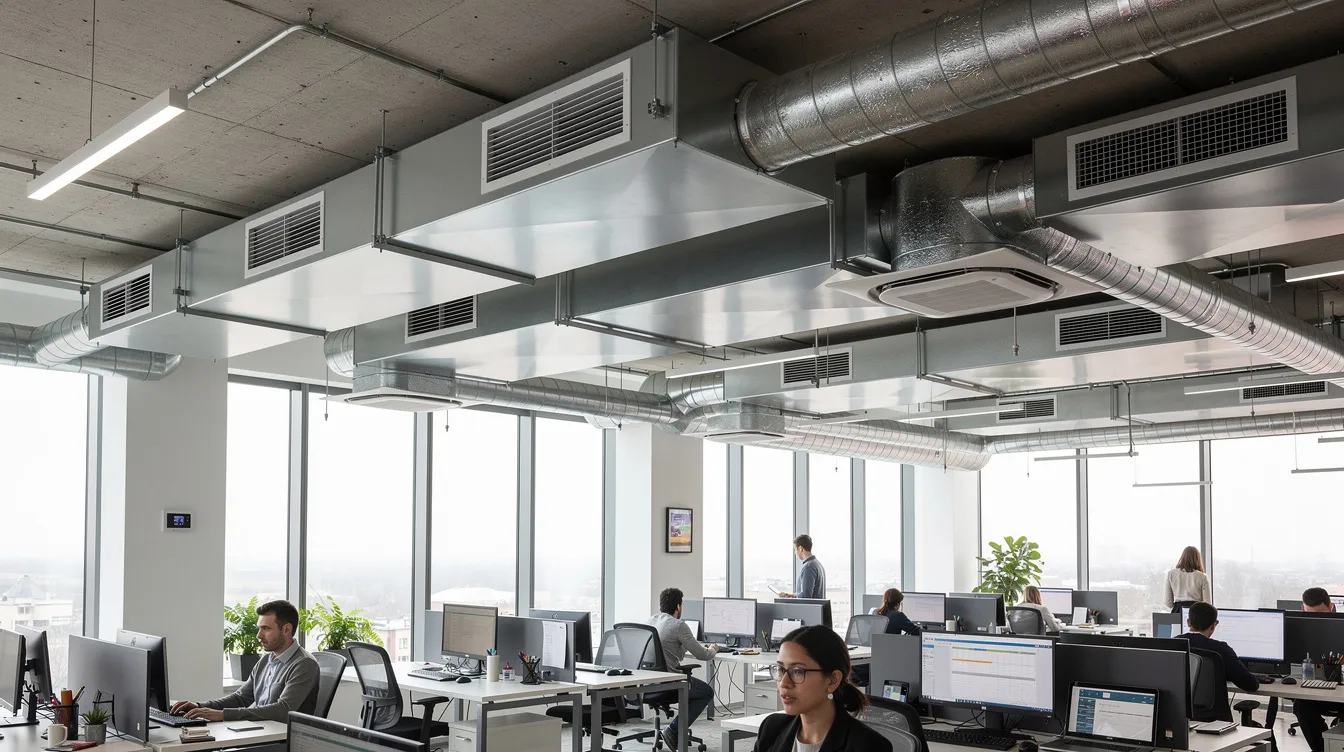 The image depicts a building cooling system in a real-world setting, featuring a cooling tower and air-cooled condensers that efficiently manage excess heat through advanced heat transfer methods. This system is essential for maintaining optimal temperature levels in environments such as data centers and industrial applications.
