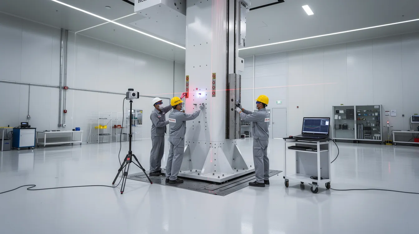 In a clean factory environment, technicians are meticulously aligning a large CNC machine column using laser measurement equipment, showcasing the precision required in the CNC machining process. This scene highlights the integration of advanced technology in modern manufacturing and the critical role of CNC machines in ensuring accuracy in the manufacturing industry.