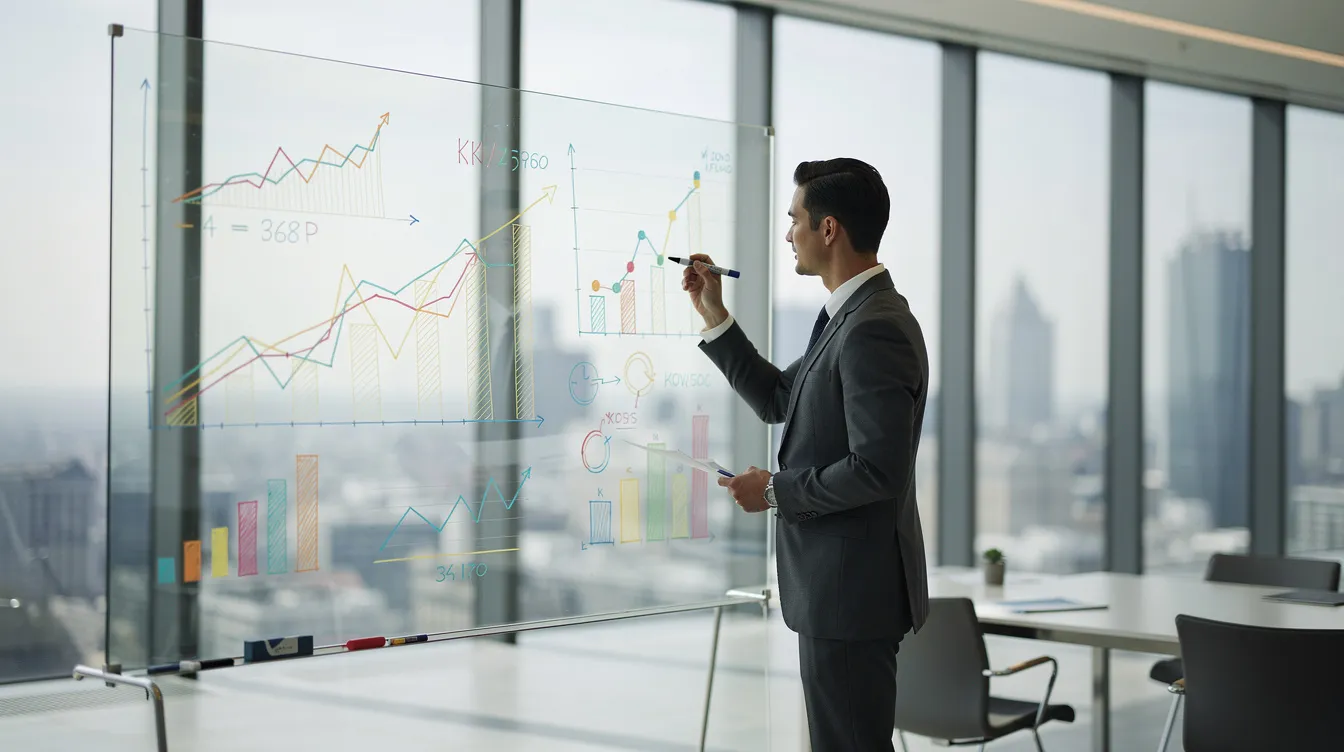 A professional business consultant is analyzing data charts on a glass whiteboard in a sleek, modern office, showcasing their expertise in business operations and strategic planning. The setting reflects a focus on providing strategic guidance to help companies navigate business challenges and drive sustainable growth.