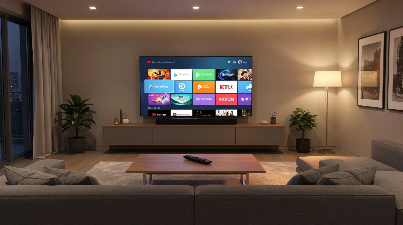 The image shows a modern living room featuring a large flat-screen television displaying a colorful channel grid, indicative of an IPTV service, with a sleek streaming remote placed on a stylish coffee table. This setup highlights the convenience of internet protocol television for enjoying unlimited entertainment and live TV channels.