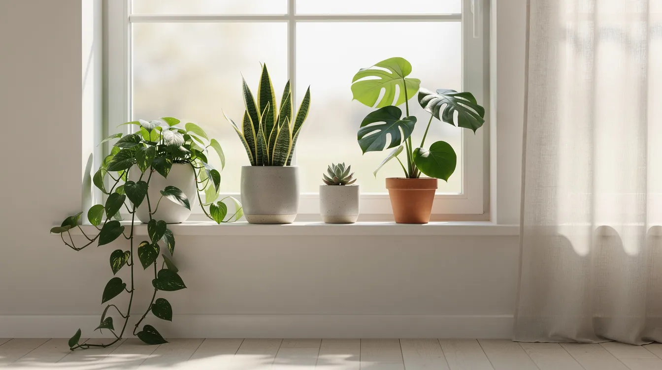 A collection of lush green houseplants, including a snake plant and a money plant, is beautifully arranged on a sunlit windowsill in a calm, minimalist room, symbolizing personal growth and new beginnings. The vibrant greenery thrives in bright indirect light, creating a positive environment that promotes emotional well-being and inner peace.