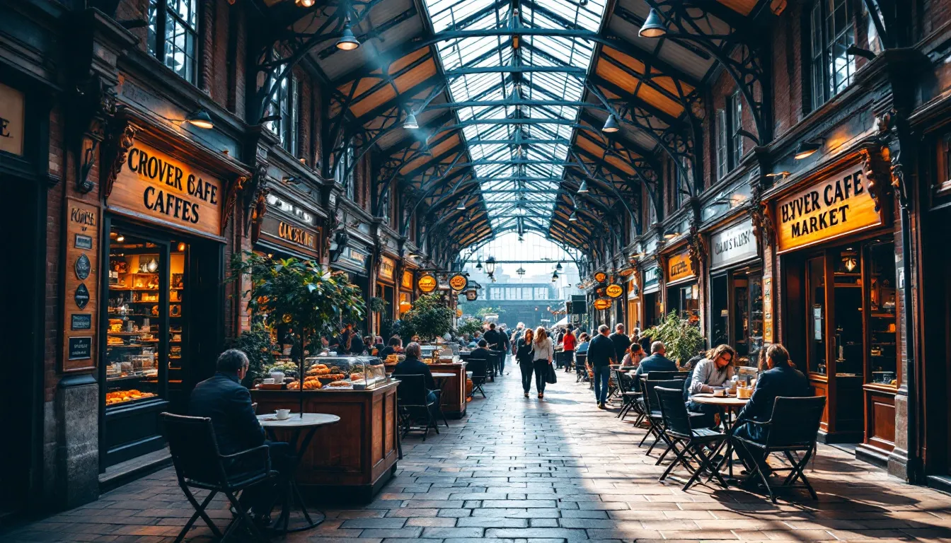 The image depicts a historic Victorian Covered Market in Oxford, bustling with independent shops and cafes, showcasing stunning architecture and a rich history that reflects the cultural hub of the city centre. This vibrant space offers a unique shopping experience for students and visitors alike, making it an ideal place to explore while living in Oxford.